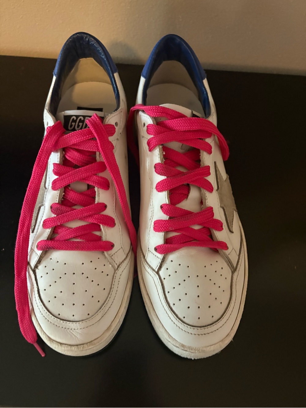 Golden Goose White Sneakers with Pink Laces and Blue Heel - Picture 2 of 6